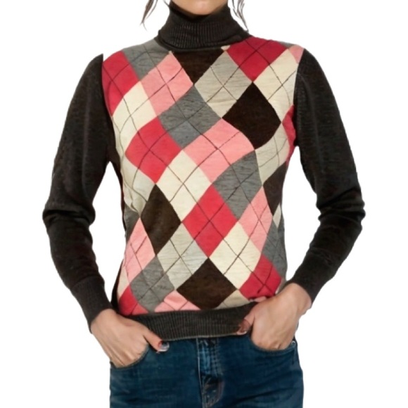 Esprit Vintage Charcoal Grey Argyle Lightweight Turtleneck Sweater Size XS - Picture 1 of 6